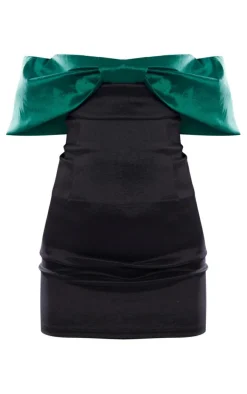 Dark Green Bow Detail Satin Bandeau Bodycon Dress