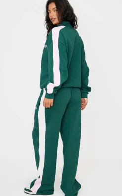 Dark Green Embroidered Athletics Contrast Panel Zip Through Sweatshirt