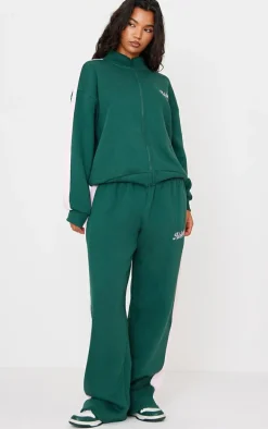 Dark Green Embroidered Athletics Contrast Panel Wide Leg Sweatpants