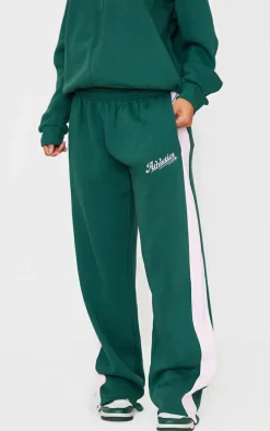 Dark Green Embroidered Athletics Contrast Panel Wide Leg Sweatpants
