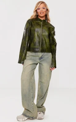 Dark Green Faux Leather Washed Boxy Biker Jacket