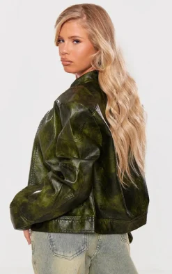 Dark Green Faux Leather Washed Boxy Biker Jacket