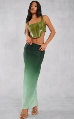 Dark Green Ombre Print Satin Mid Rise Maxi Skirt