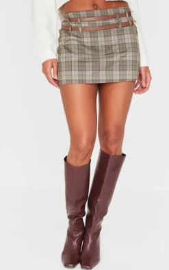 Dark Green Plaid Printed Double Belt Tailored Mini Skirt