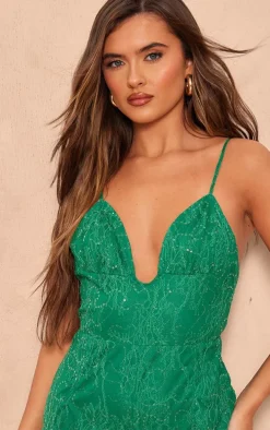Dark Green Strappy Lace Sequin Romper