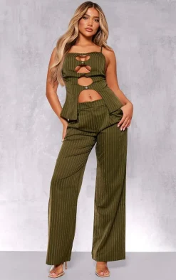 Dark Green Tailored Pinstripe Wide Leg Pants