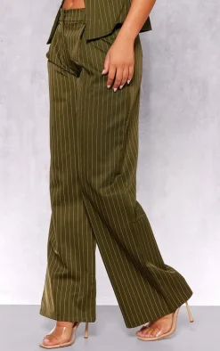 Dark Green Tailored Pinstripe Wide Leg Pants