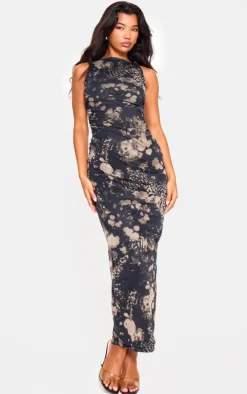 Dark Green Twist Shoulder Mesh Print Cap Sleeve Maxi Dress