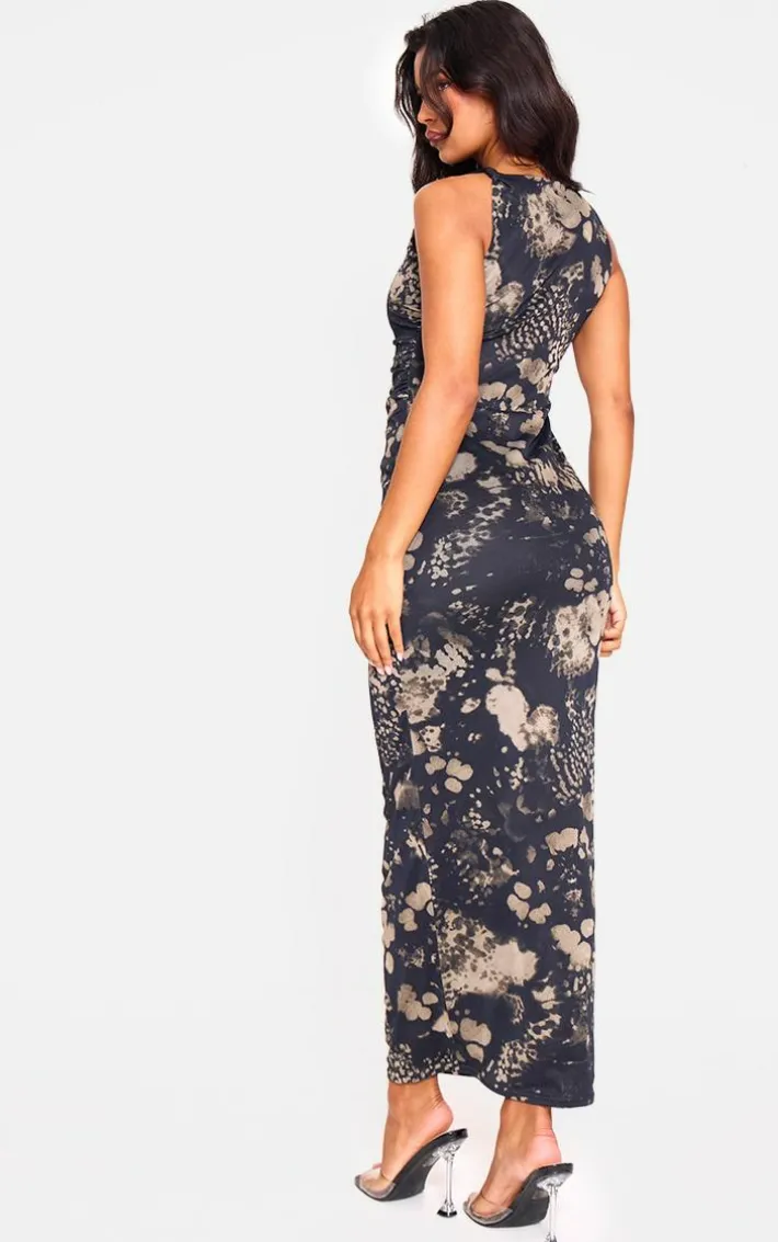 Dark Green Twist Shoulder Mesh Print Cap Sleeve Maxi Dress