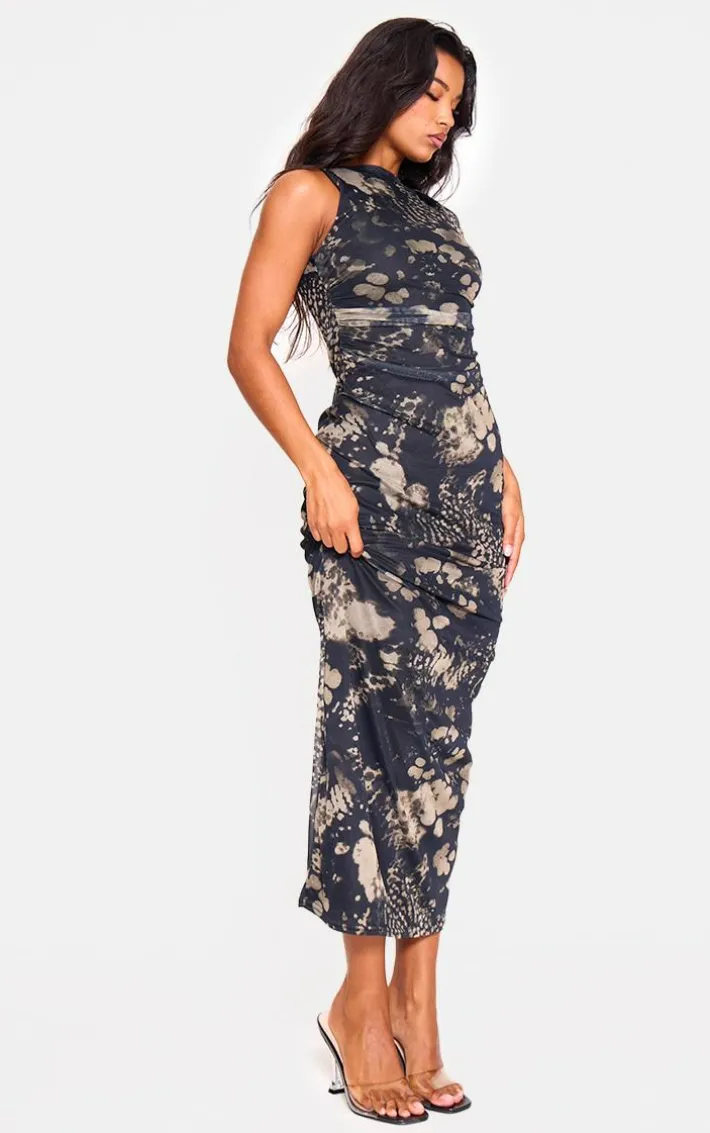 Dark Green Twist Shoulder Mesh Print Cap Sleeve Maxi Dress