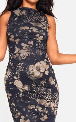 Dark Green Twist Shoulder Mesh Print Cap Sleeve Maxi Dress