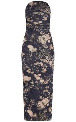 Dark Green Twist Shoulder Mesh Print Cap Sleeve Maxi Dress