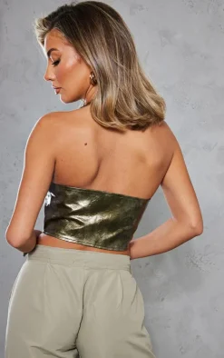 Dark Green Washed Faux Leather Lace Up Plunge Halterneck Top