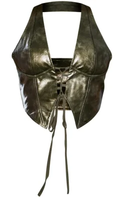 Dark Green Washed Faux Leather Lace Up Plunge Halterneck Top