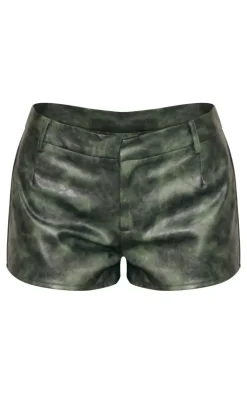 Dark Green Washed Faux Leather Hot Pants