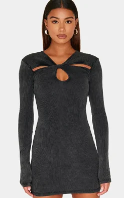Dark Grey Acid Wash Cut Out Long Sleeve Bodycon Dress