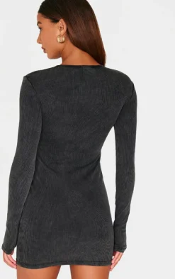 Dark Grey Acid Wash Cut Out Long Sleeve Bodycon Dress
