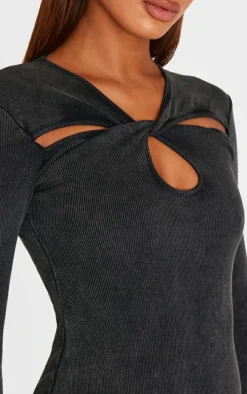 Dark Grey Acid Wash Cut Out Long Sleeve Bodycon Dress