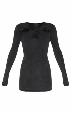 Dark Grey Acid Wash Cut Out Long Sleeve Bodycon Dress