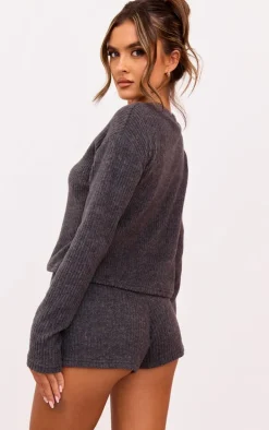 Dark Grey Brushed Rib Tie Front Top