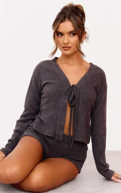 Dark Grey Brushed Rib Tie Front Top