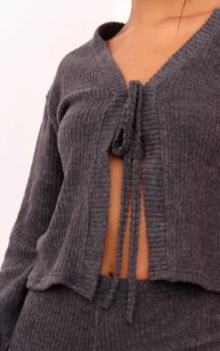 Dark Grey Brushed Rib Tie Front Top