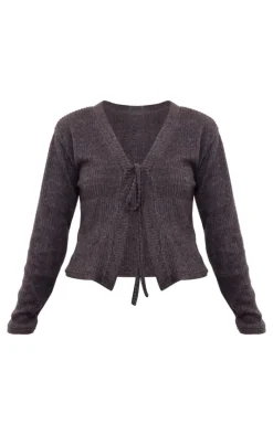 Dark Grey Brushed Rib Tie Front Top
