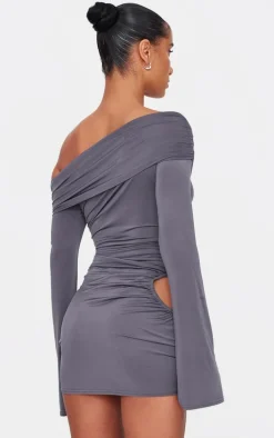 Dark Grey Double Slinky Asymmetric Cut Out Mini Dress