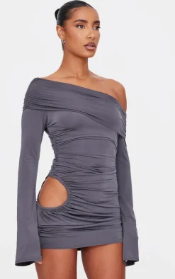 Dark Grey Double Slinky Asymmetric Cut Out Mini Dress