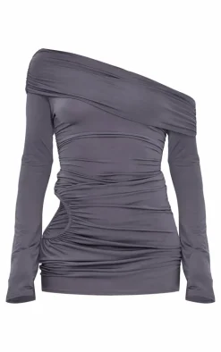 Dark Grey Double Slinky Asymmetric Cut Out Mini Dress