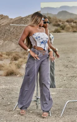 Dark Grey Lace Up Detail Straight Leg Cargo Pants