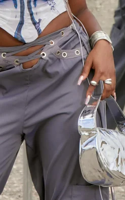 Dark Grey Lace Up Detail Straight Leg Cargo Pants