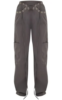 Dark Grey Lace Up Detail Straight Leg Cargo Pants