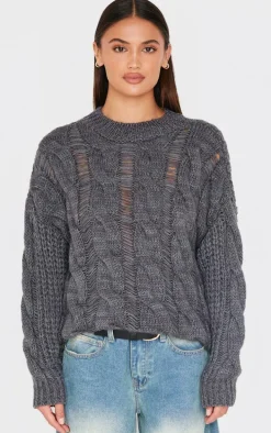 Dark Grey Marl Knit Distressed Detail Chunky Cable Sweater