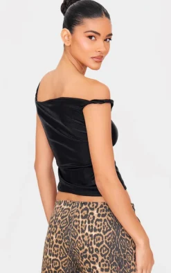 Dark Grey Metallic Textured Twist Shoulder Long Top