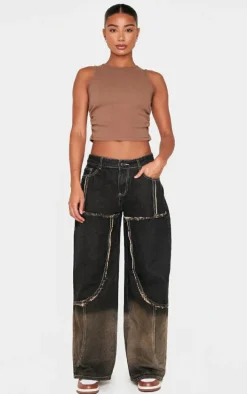 Dark Grey Ombre Effect Contrast Stitch Frayed Seam Wide Leg Jeans