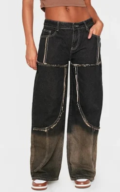 Dark Grey Ombre Effect Contrast Stitch Frayed Seam Wide Leg Jeans