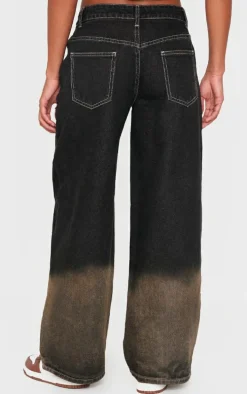 Dark Grey Ombre Effect Contrast Stitch Frayed Seam Wide Leg Jeans