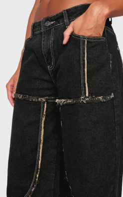 Dark Grey Ombre Effect Contrast Stitch Frayed Seam Wide Leg Jeans