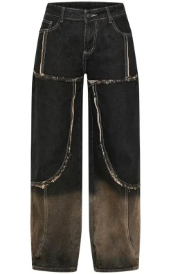 Dark Grey Ombre Effect Contrast Stitch Frayed Seam Wide Leg Jeans
