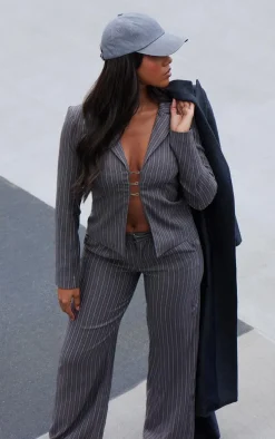 Dark Grey Open Front Pinstripe Fitted Shirt