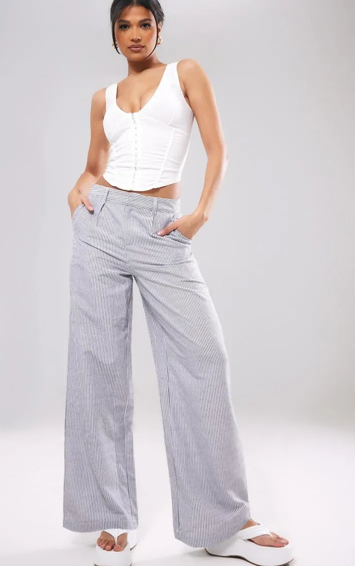 Dark Grey Pinstripe Linen Look Tailored Pants