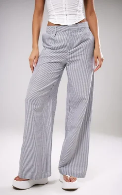 Dark Grey Pinstripe Linen Look Tailored Pants