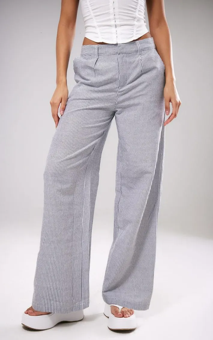 Dark Grey Pinstripe Linen Look Tailored Pants