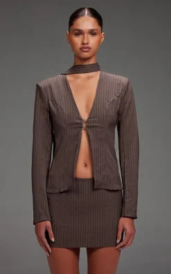 Dark Grey Pinstripe Neck Tie Fitted Blazer