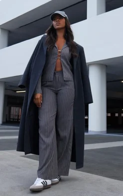 Dark Grey Pinstripe Tailored Wide Leg Pants