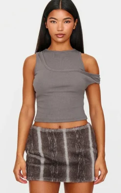 Dark Grey Ribbed Asymmetric Vest Top