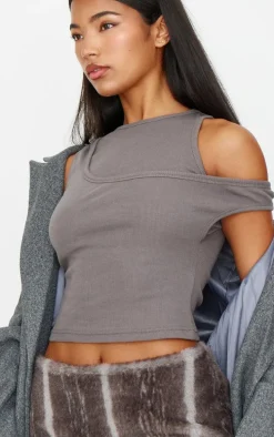 Dark Grey Ribbed Asymmetric Vest Top