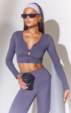 Dark Grey Sculpt Button Front Yoga Top