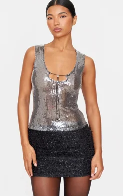 Dark Grey Sequin Toggle Detail Long Top